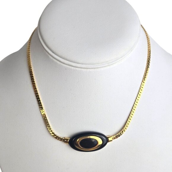 Crown Trifari Statement Black Gold Necklace Glam Vintage 80s 15" - Picture 1 of 9